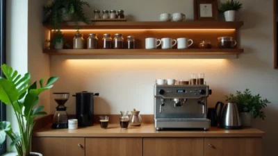 Modern home coffee corner with espresso machine, grinder, floating shelves, mugs, and warm lighting in a cozy setup.