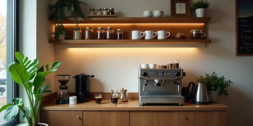 Modern home coffee corner with espresso machine, grinder, floating shelves, mugs, and warm lighting in a cozy setup.
