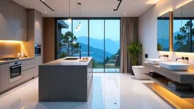 A modern kitchen and bathroom featuring innovative design trends, smart appliances, minimalist cabinets, eco-friendly fixtures, and a spacious, stylish layout.
