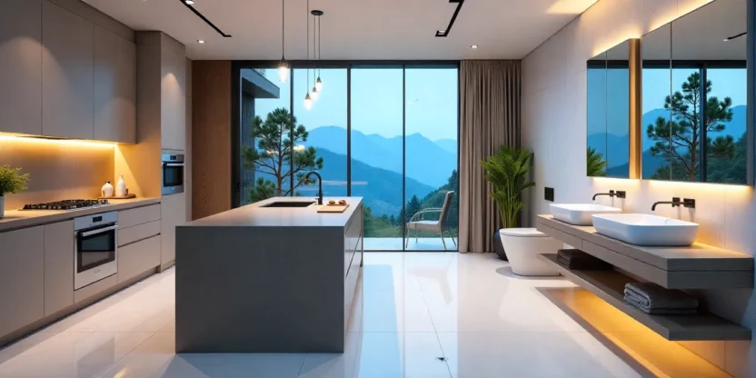 A modern kitchen and bathroom featuring innovative design trends, smart appliances, minimalist cabinets, eco-friendly fixtures, and a spacious, stylish layout.