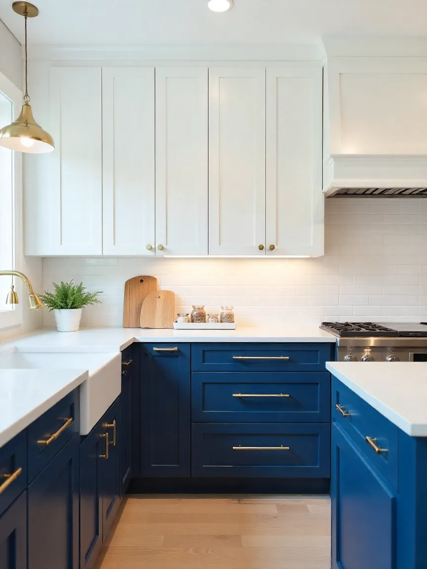 Modern kitchen with two-tone shaker cabinets, brass hardware, soft-close drawers, and under-cabinet lighting for a stylish upgrade.
