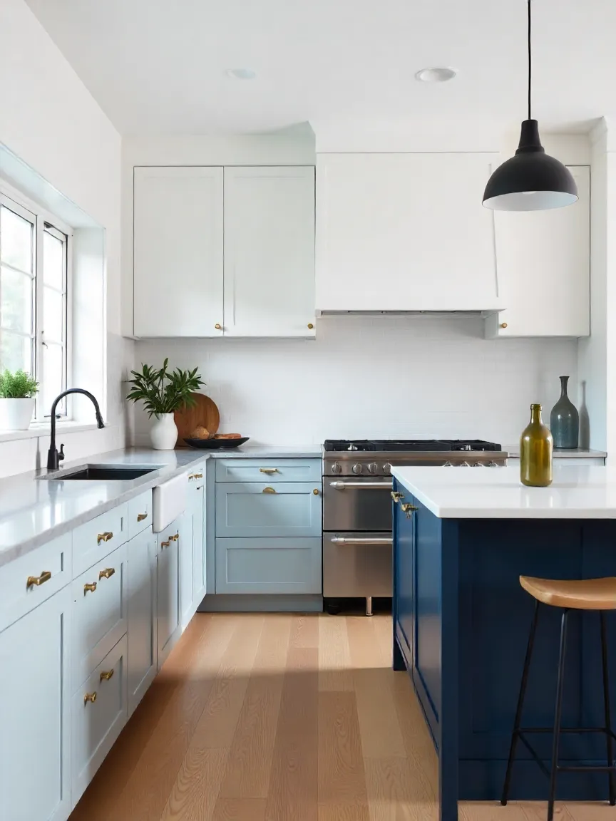 Modern kitchen with white cabinets, navy-blue island, gray countertops, and brass accents.