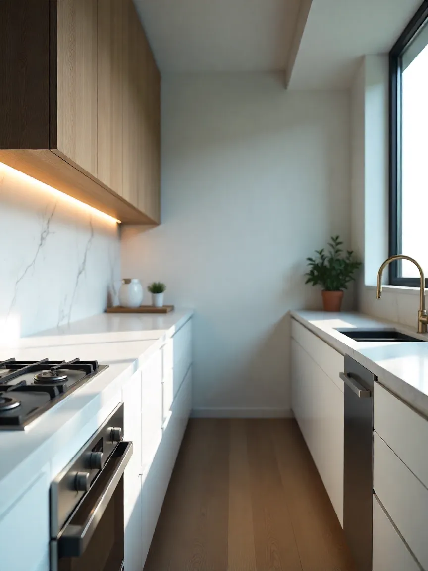 Modern kitchen showcasing quartz, concrete, and stainless-steel countertops with minimalist design.
