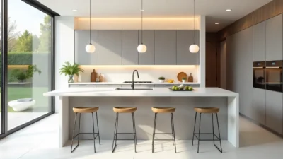 Modern kitchen with quartz countertops, matte gray cabinets, island seating, stainless steel appliances, and pendant lighting.