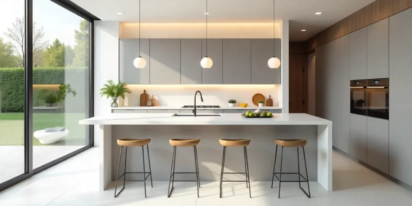 Modern kitchen with quartz countertops, matte gray cabinets, island seating, stainless steel appliances, and pendant lighting.