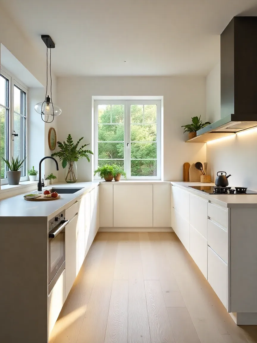Modern kitchen design with open layout, neutral colors, wood accents, and layered lighting for a bright and functional space.