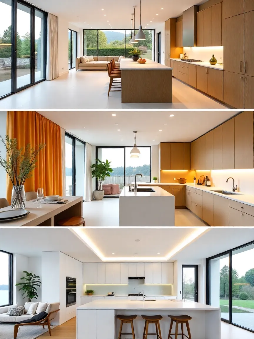 Collage of modern kitchen layouts: galley, L-shaped with island, and spacious U-shaped design.
