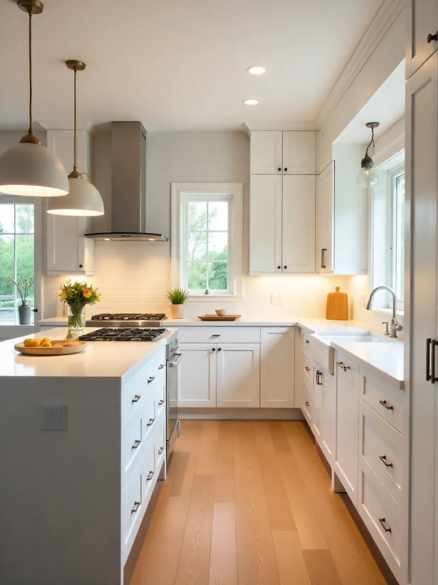 Contemporary kitchen with pendant lights over an island, recessed ceiling lights, and under-cabinet LED lighting for a well-lit, stylish space.