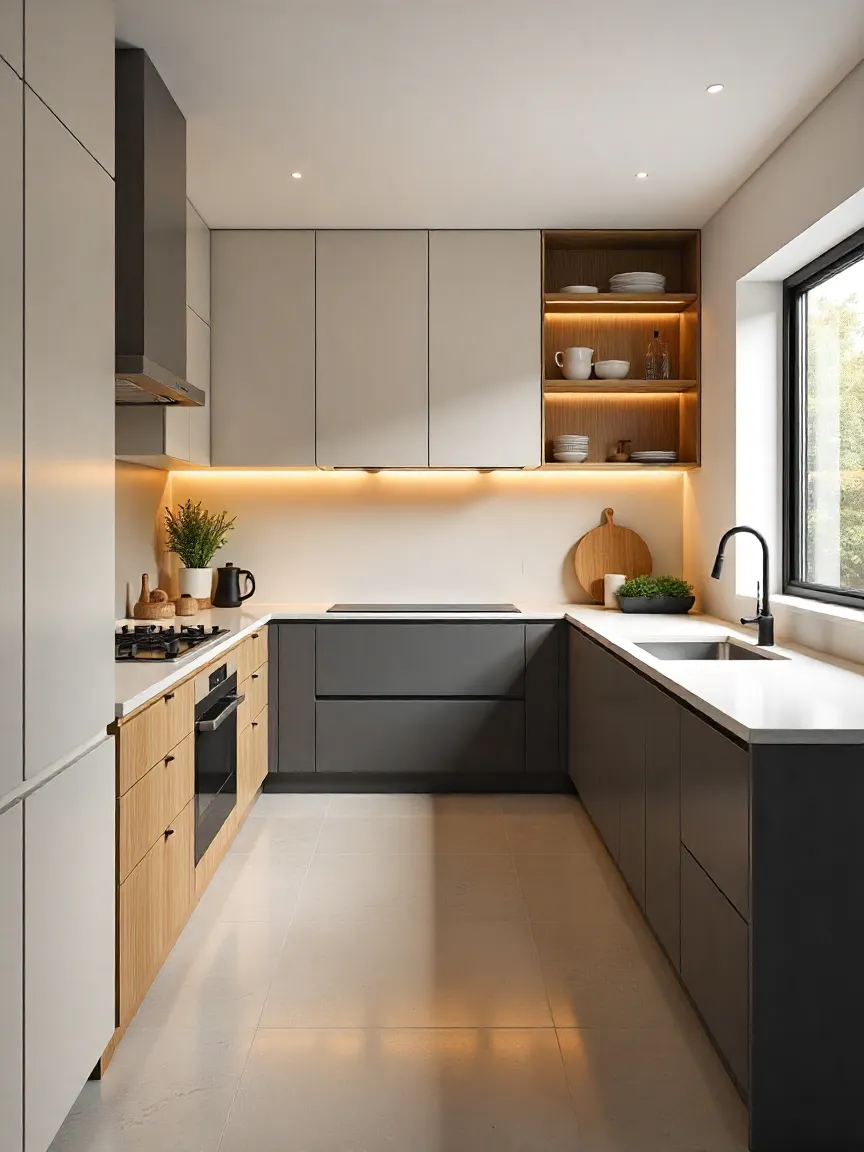 Modern kitchen with matte cabinetry, quartz countertops, and polished concrete flooring in neutral tones.