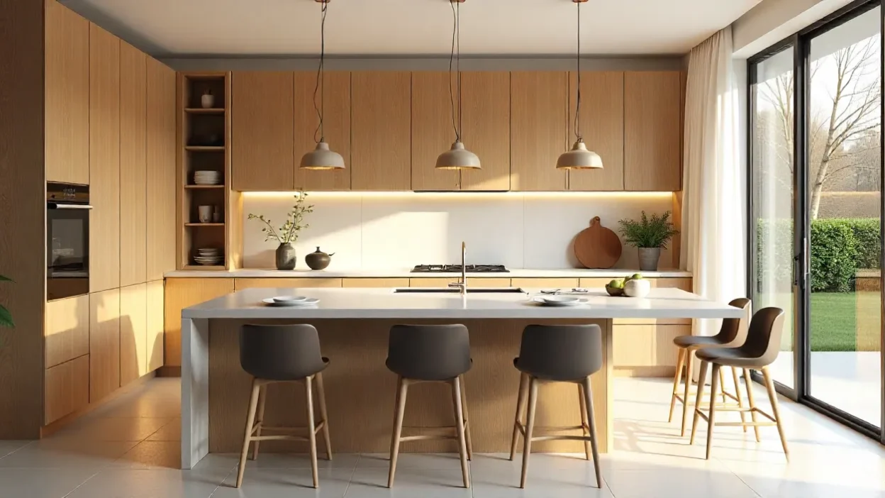 Modern 2025 kitchen remodel with eco-friendly wood cabinets, quartz island, pendant lighting, and open layout filled with natural light.