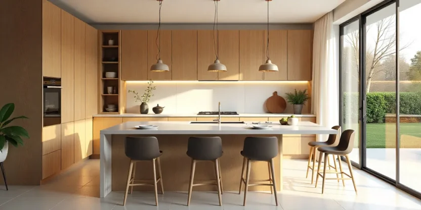 Modern 2025 kitchen remodel with eco-friendly wood cabinets, quartz island, pendant lighting, and open layout filled with natural light.