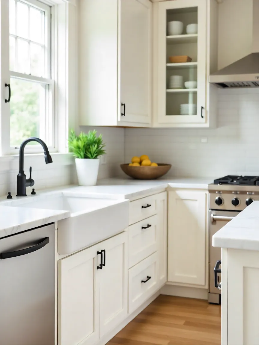Modern kitchen with updated hardware, including matte black handles and brass faucet fixtures, enhancing cabinetry and overall design.