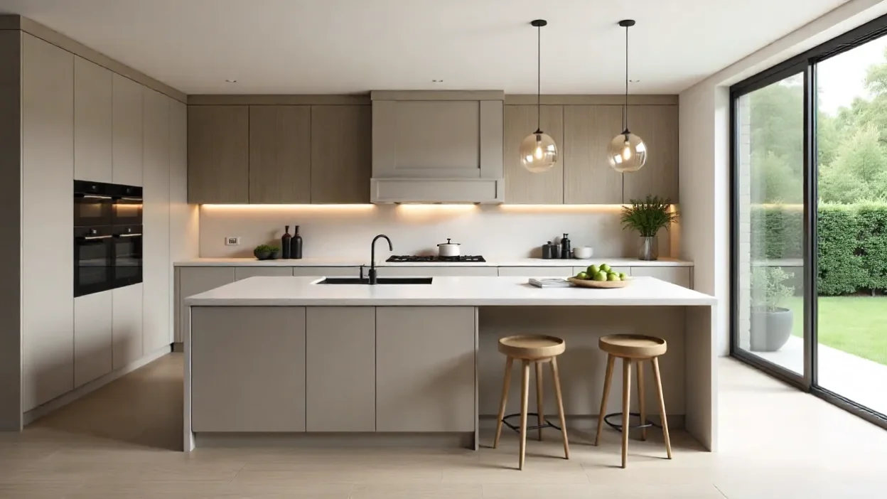 Modern kitchen with quartz island, pendant lights, and built-in smart appliances in a bright, minimalist design.