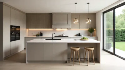 Modern kitchen with quartz island, pendant lights, and built-in smart appliances in a bright, minimalist design.