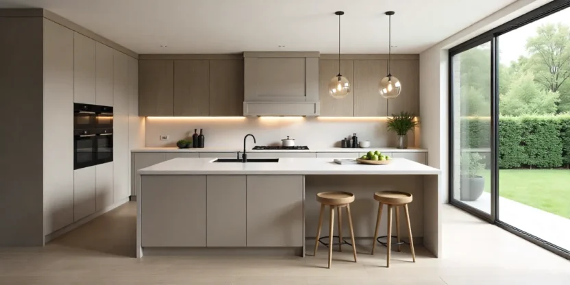 Modern kitchen with quartz island, pendant lights, and built-in smart appliances in a bright, minimalist design.