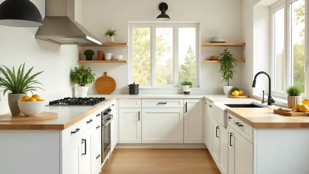 Bright modern Shaker kitchen with white cabinets, wood island, and natural light highlighting its clean, timeless design.