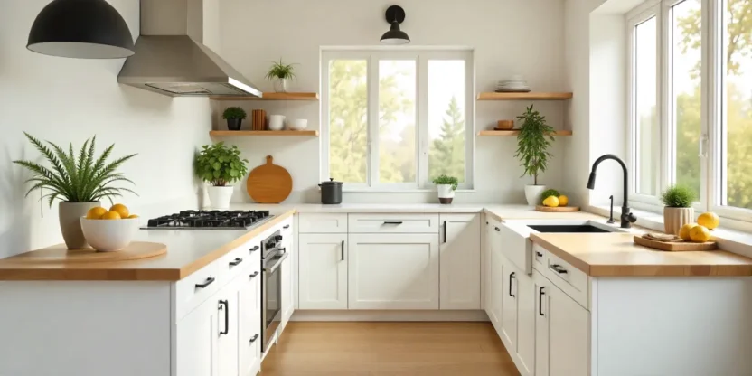 Bright modern Shaker kitchen with white cabinets, wood island, and natural light highlighting its clean, timeless design.
