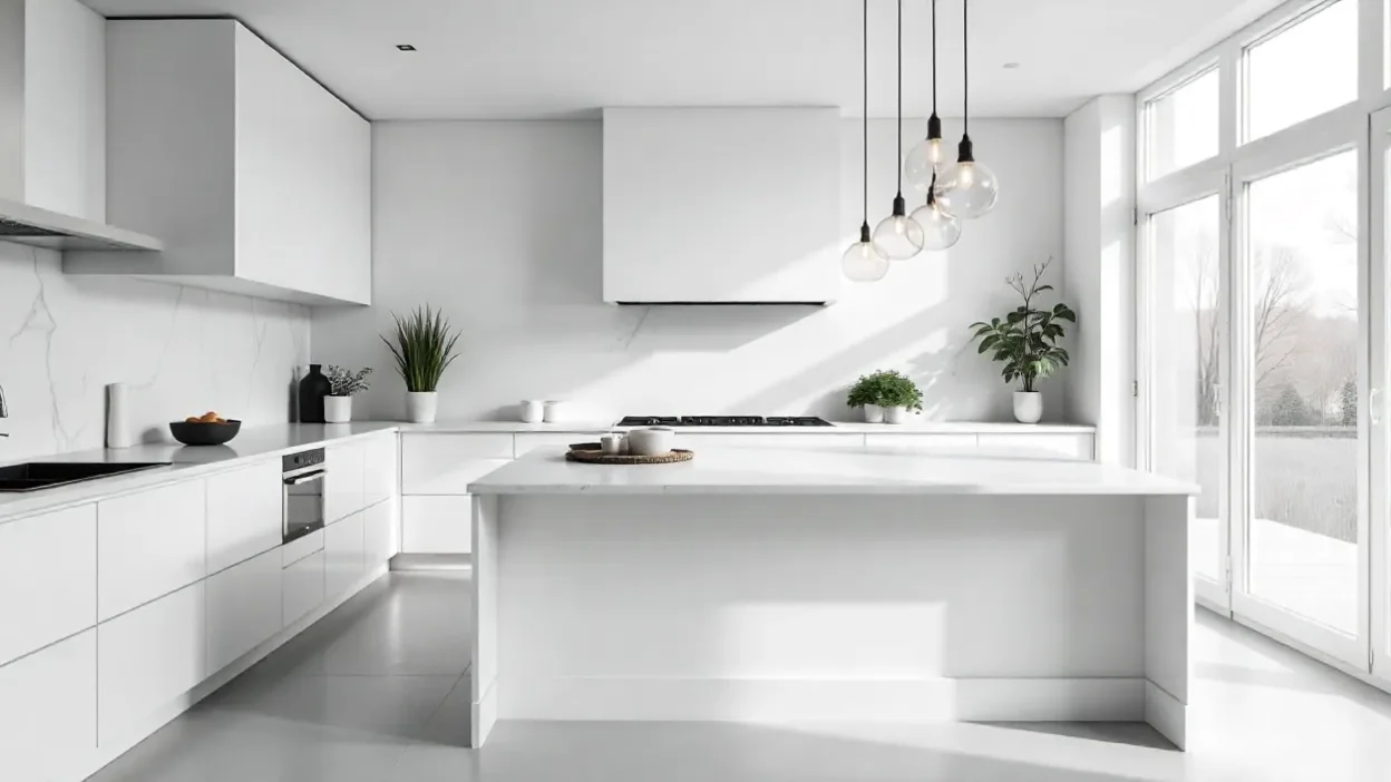 Modern white kitchen with shaker cabinets, marble countertops, and pendant lighting, creating a bright and elegant design.