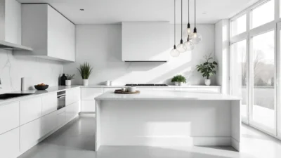 Modern white kitchen with shaker cabinets, marble countertops, and pendant lighting, creating a bright and elegant design.