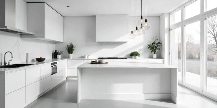 Modern white kitchen with shaker cabinets, marble countertops, and pendant lighting, creating a bright and elegant design.