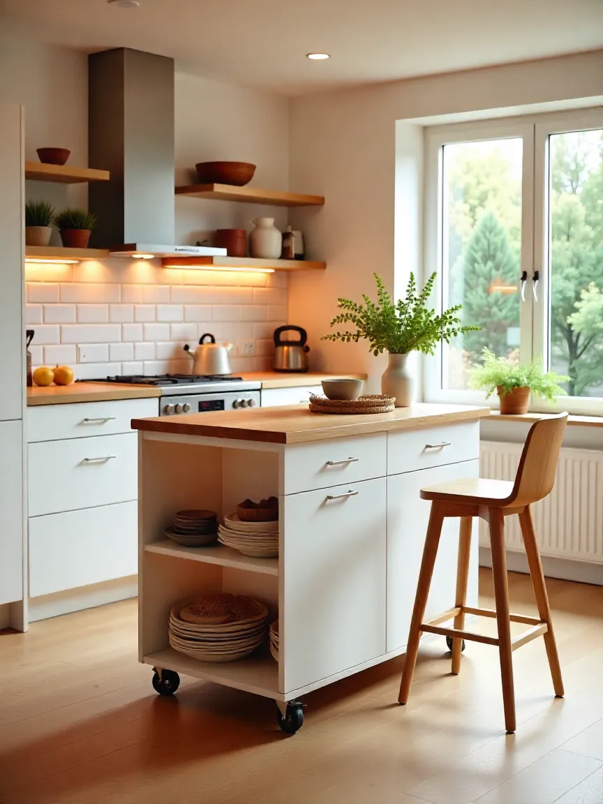Modern kitchen with a movable island on wheels, offering extra storage and countertop space for added flexibility and style.