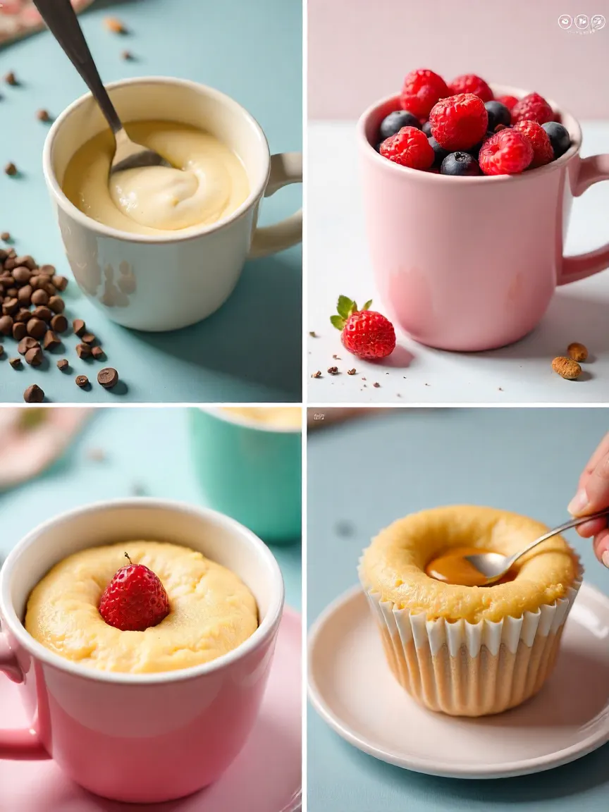 Collage of stirring mug cake batter, toppings like berries and nuts, and a quick timer, highlighting mug cake simplicity and speed.