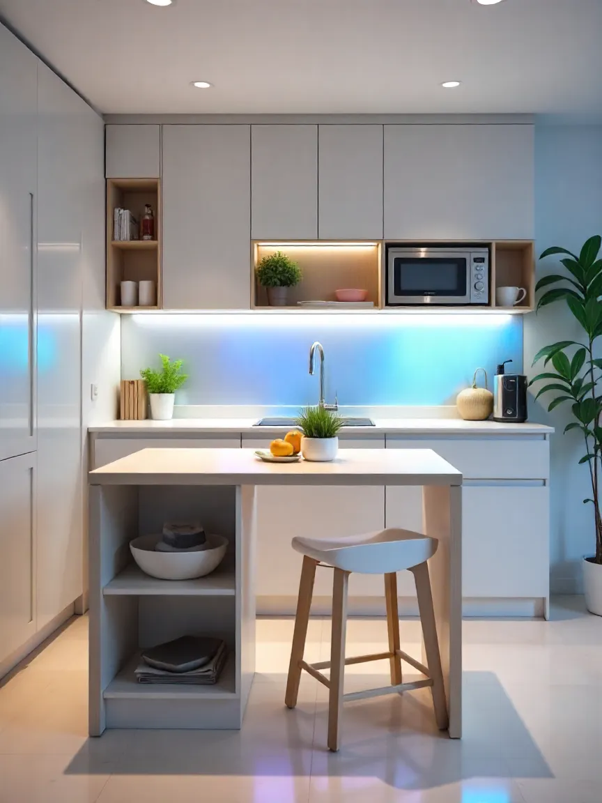 Small modern kitchen with a multi-functional island, pull-out cutting board, and combination appliances for maximum efficiency.