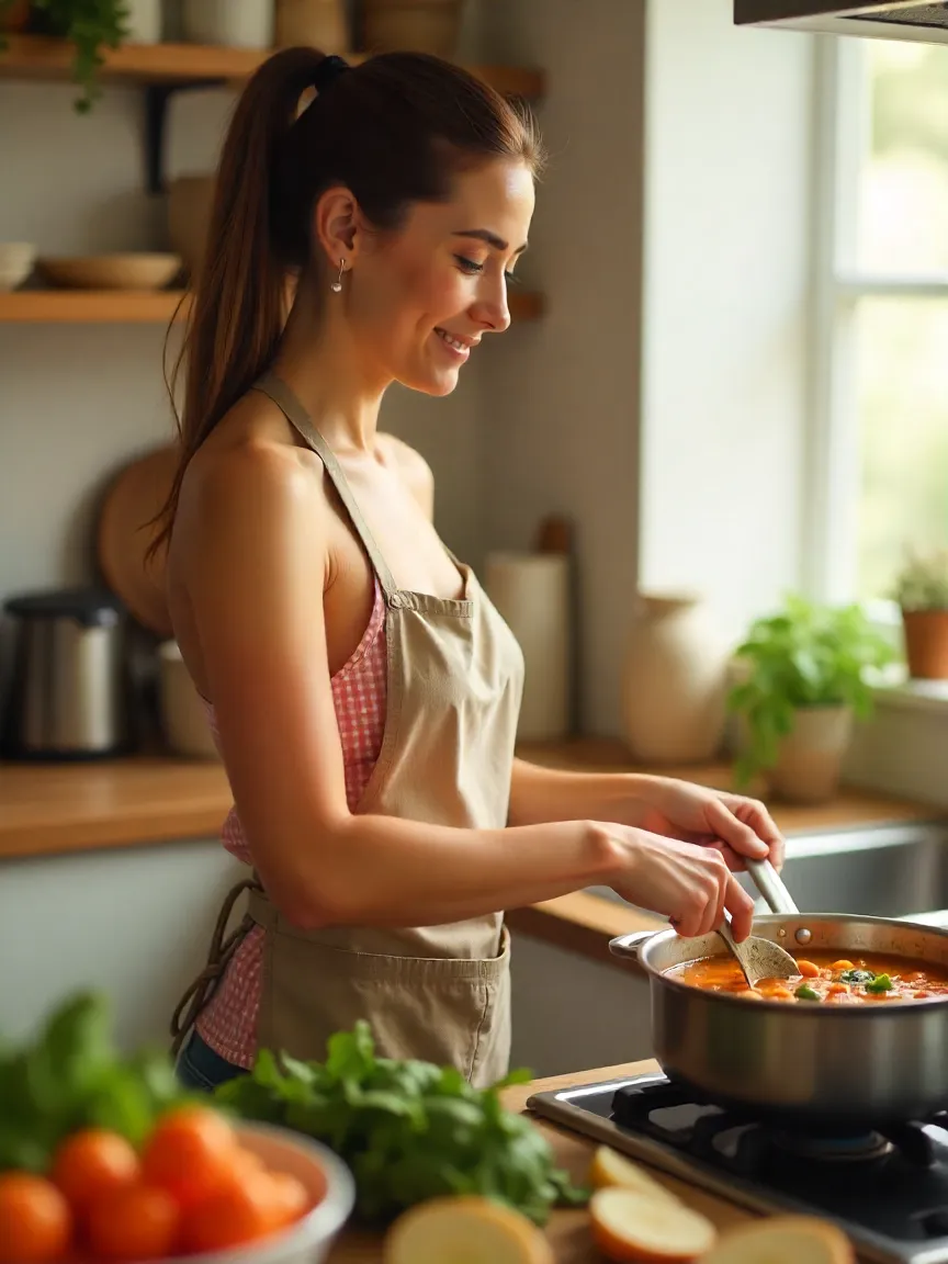 Smiling young woman cooking healthy vegetable soup in a cozy kitchen with fresh ingredients on the counter.