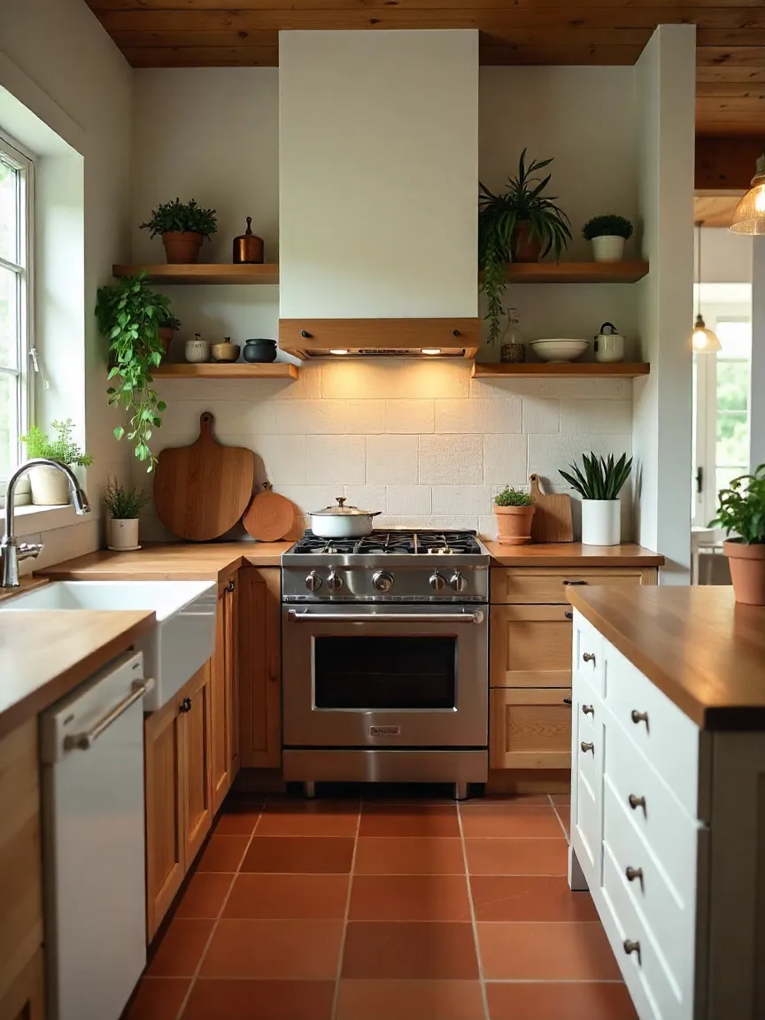 Rustic kitchen with wood cabinets, stone backsplash, terracotta flooring, and greenery for a natural, cozy design.