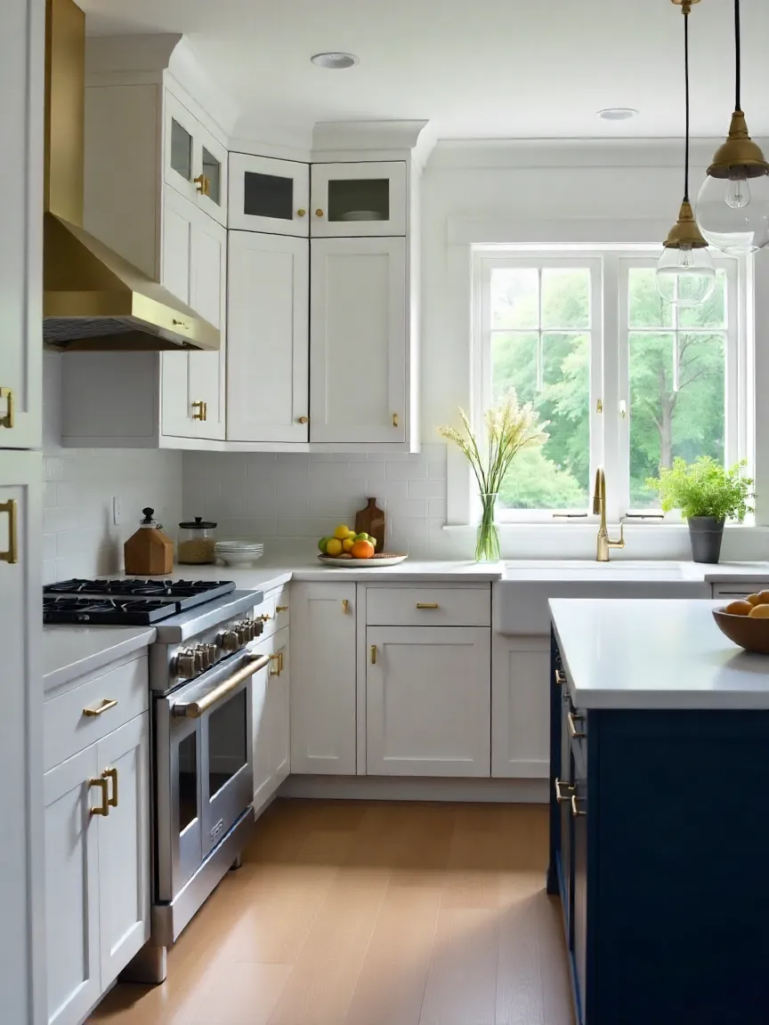 Modern kitchen with light neutral walls, white cabinets, and a navy blue island for a balanced, timeless color scheme.