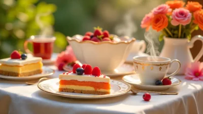 Colorful no-bake desserts and tea set on a bright, cozy table.