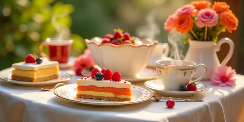 Colorful no-bake desserts and tea set on a bright, cozy table.