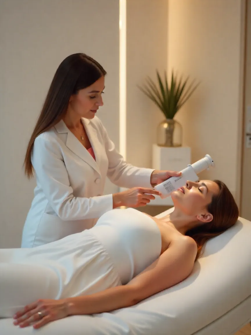 Dubai aesthetic clinic showcasing non-surgical fat reduction options like CoolSculpting and RF treatments in a modern setting.