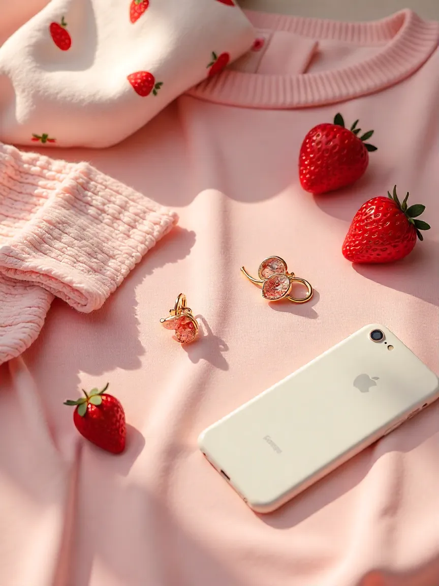Strawberry-inspired fashion items like earrings, sweater, and accessories showcasing Korea’s soft and trendy aesthetic.