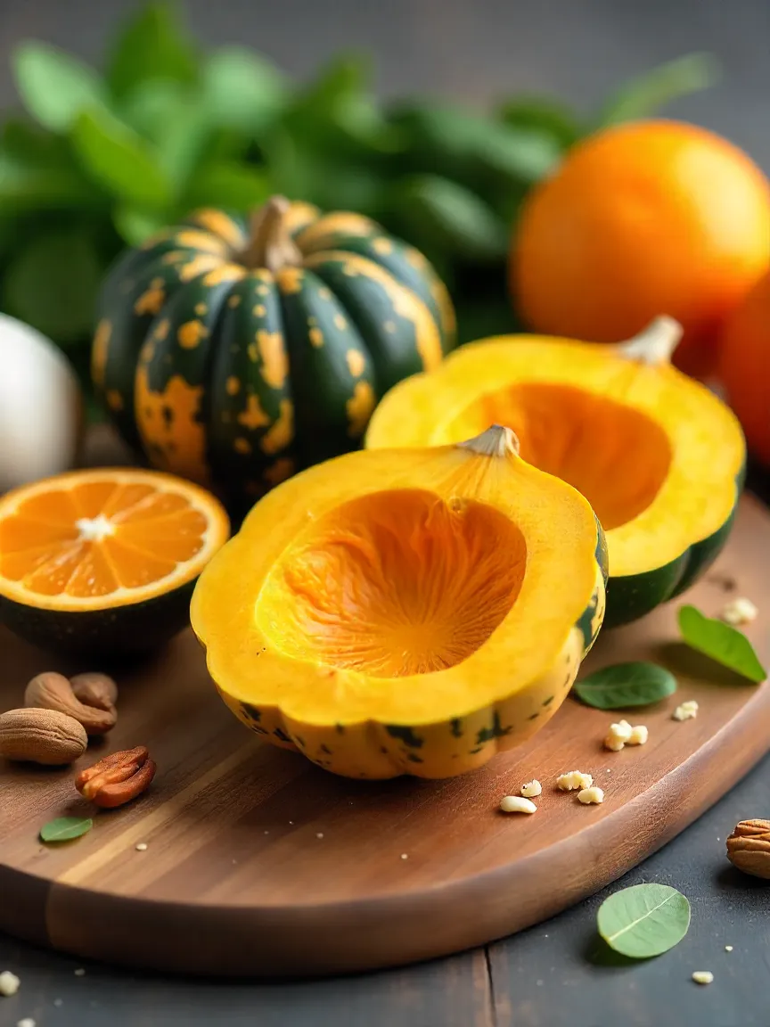 Fresh acorn squash with orange flesh surrounded by spinach, citrus, and grains, highlighting the nutritional benefits and vitamins of this superfood.