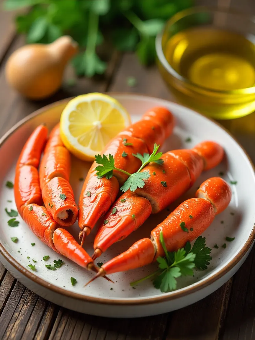 Fresh crab meat and legs served with lemon wedges and parsley, emphasizing the health benefits of crab.