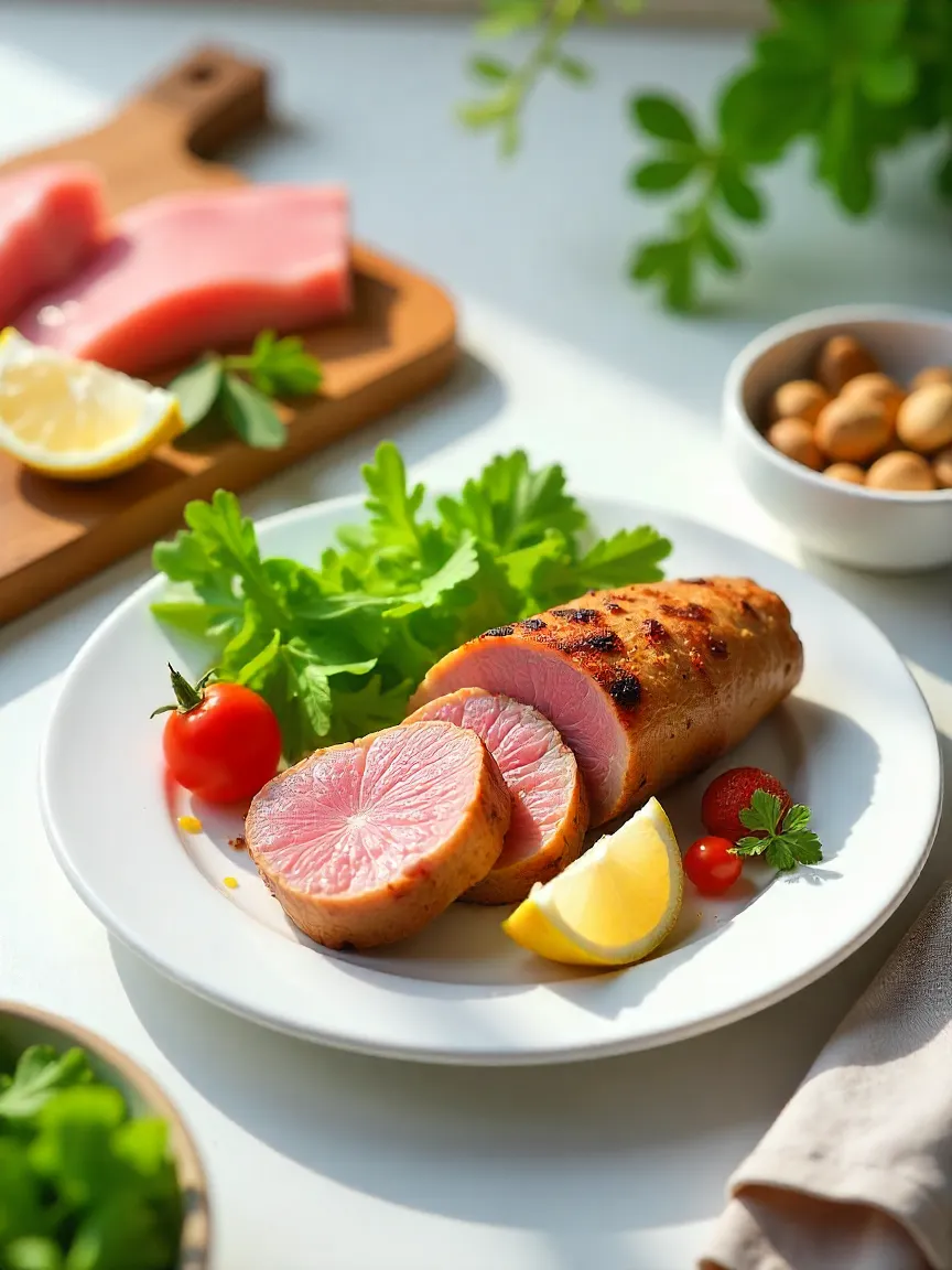 Healthy rabbit meat dish with grilled rabbit loin, fresh salad, and vegetables on a white plate, styled with herbs and lemon to highlight nutritional benefits.