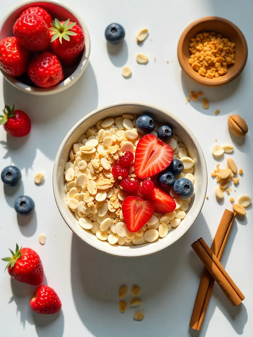 Healthy oatmeal bowl with fruits and nuts symbolizing balance, nutrition, and weight loss benefits, perfect for a wellness-focused breakfast article.