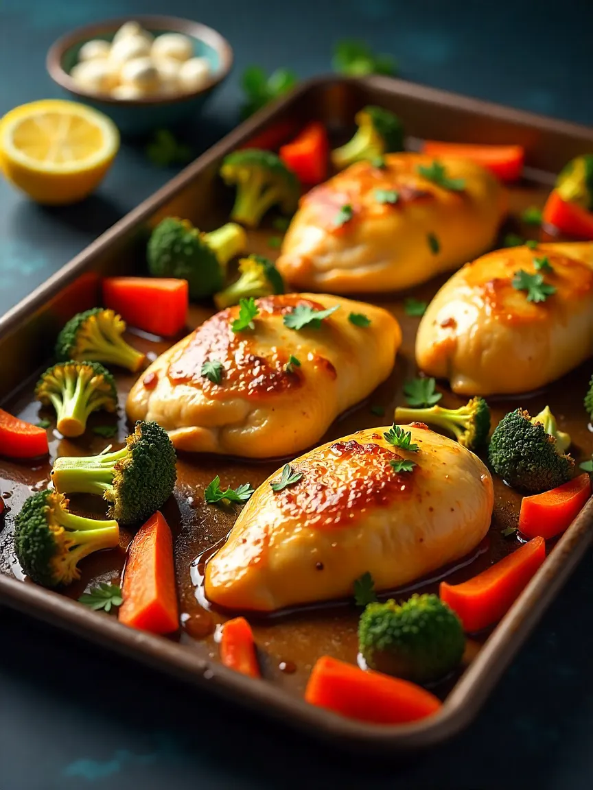 A sheet pan with roasted chicken breasts, broccoli, bell peppers, and carrots, garnished with lemon slices and parsley for a colorful and healthy dinner.