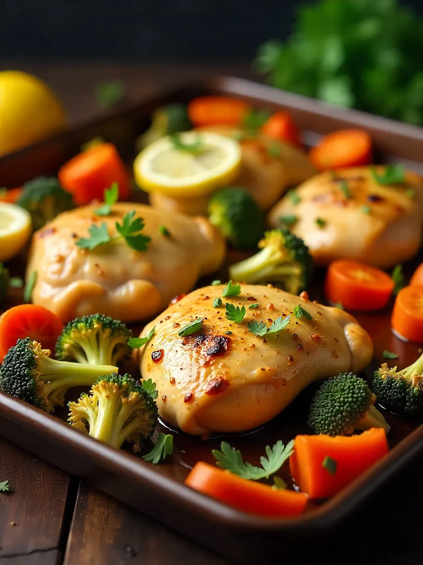 One-pan lemon garlic chicken with roasted vegetables, garnished with lemon slices and parsley on a rustic baking sheet.