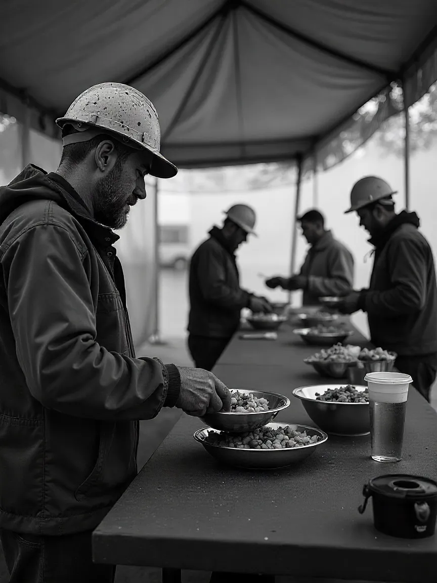 Catering team serving hot meals to workers at a remote construction site with a clean, organized dining setup.