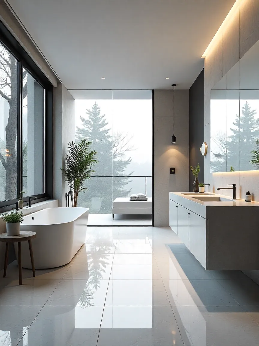 Open-plan kitchen and bathroom layout with an island and seamless transitions, creating a spacious, airy environment that enhances flow and functionality.