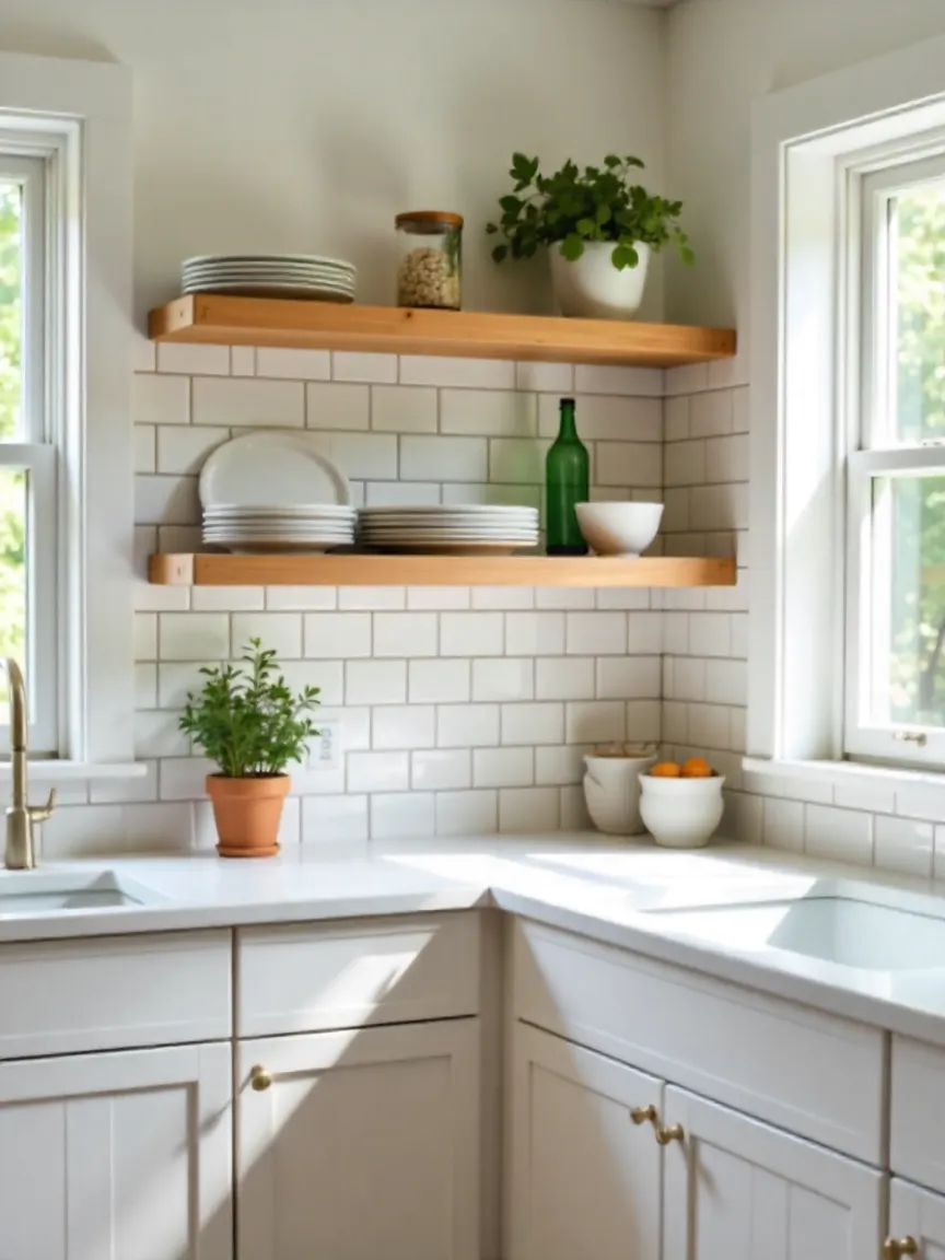 Modern kitchen with open wooden shelves displaying dishes, jars, and plants for a functional and stylish storage solution.