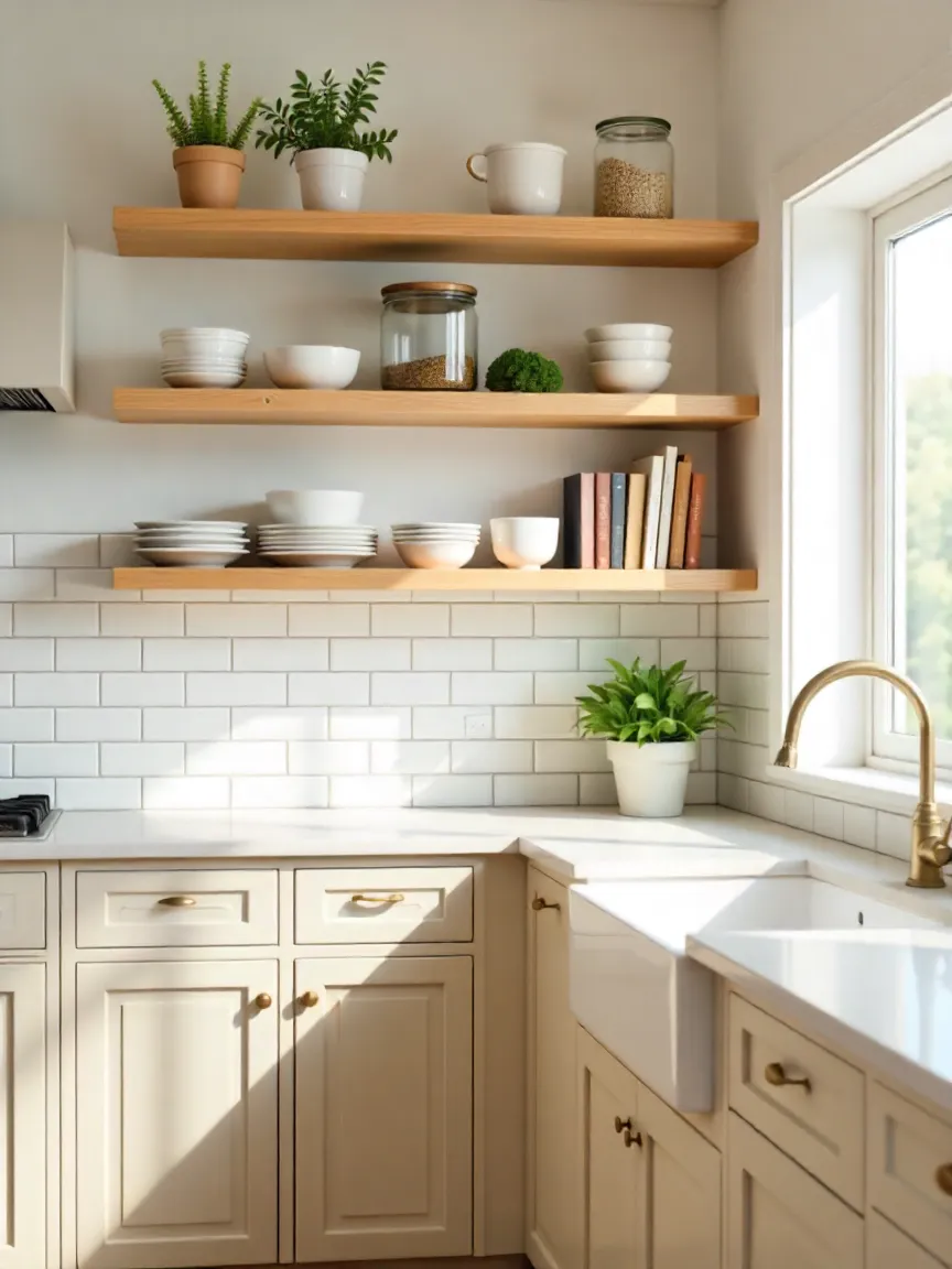 Kitchen with open wooden shelves on a subway tile backsplash, styled with dishes and decor for a functional and modern upgrade.