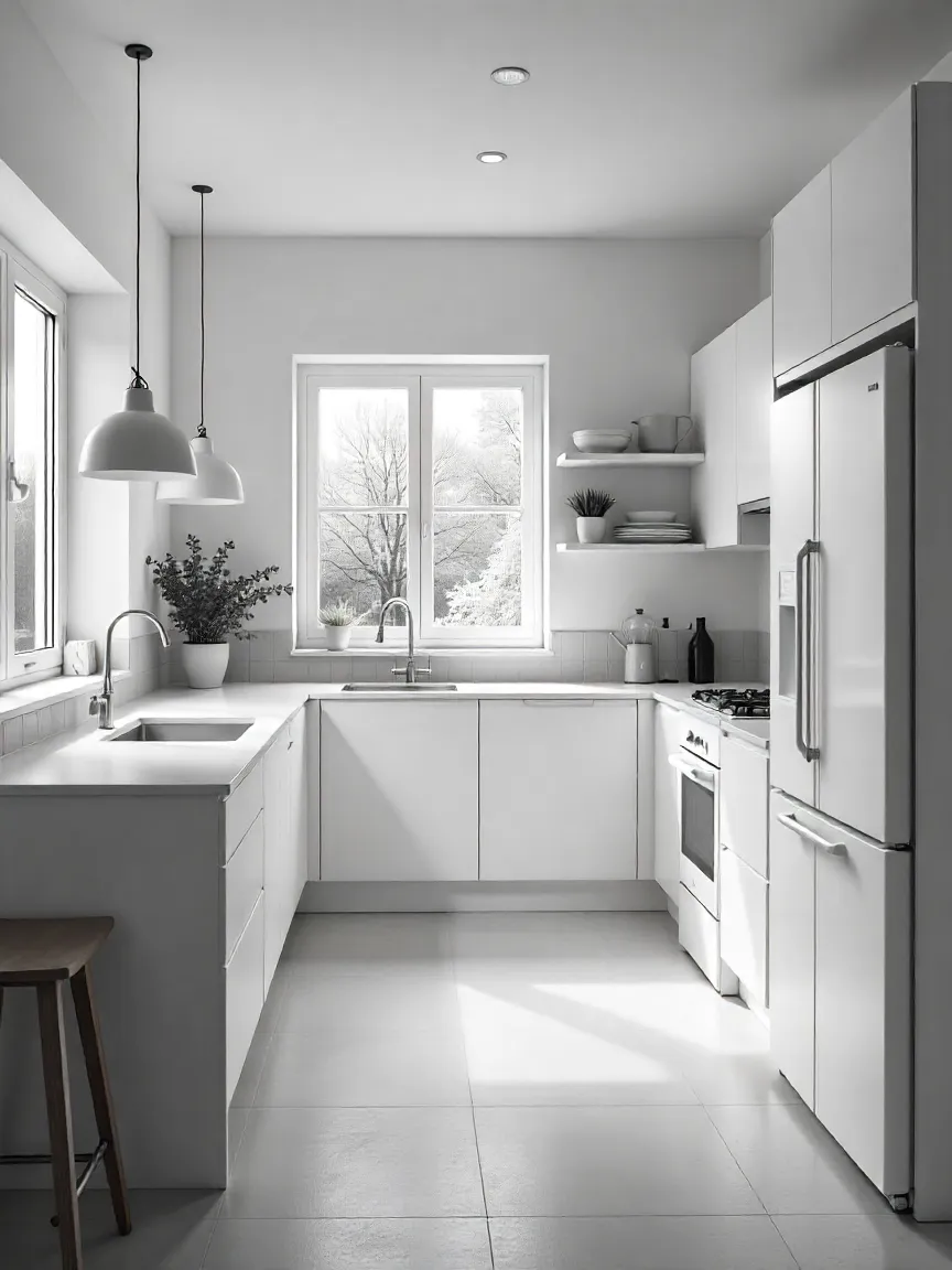 Modern kitchen with efficient work triangle, L-shaped counters, island seating, and smart storage, demonstrating optimized workflow and layout.