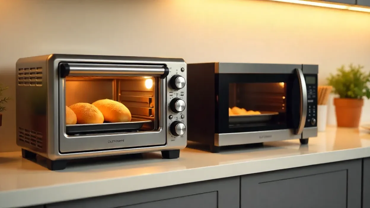 Side-by-side OTG and microwave oven in a modern kitchen, with bread baking in the OTG and soup reheating in the microwave.