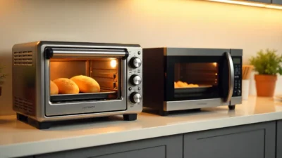 Side-by-side OTG and microwave oven in a modern kitchen, with bread baking in the OTG and soup reheating in the microwave.