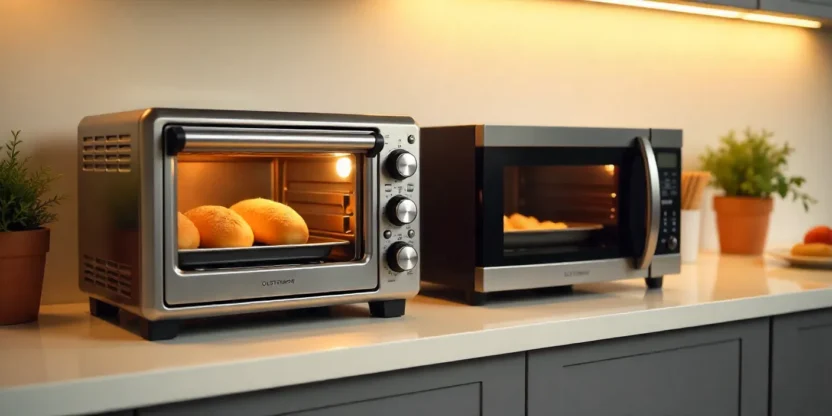 Side-by-side OTG and microwave oven in a modern kitchen, with bread baking in the OTG and soup reheating in the microwave.
