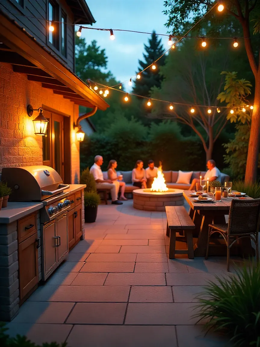 Backyard outdoor kitchen setup with dining table, fire pit, herb garden, and guests enjoying an evening meal under string lights.