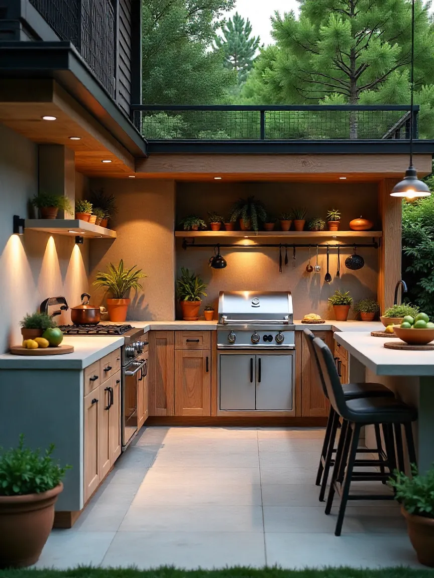 Stylish outdoor kitchen featuring a grill, pizza oven, prep station, and seating area, combining modern and rustic design elements in a green backyard.